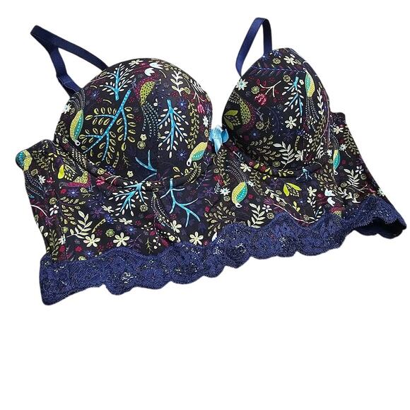 Adore me size 32A blue forest print push up Balconette longline underwire bra - Picture 2 of 5